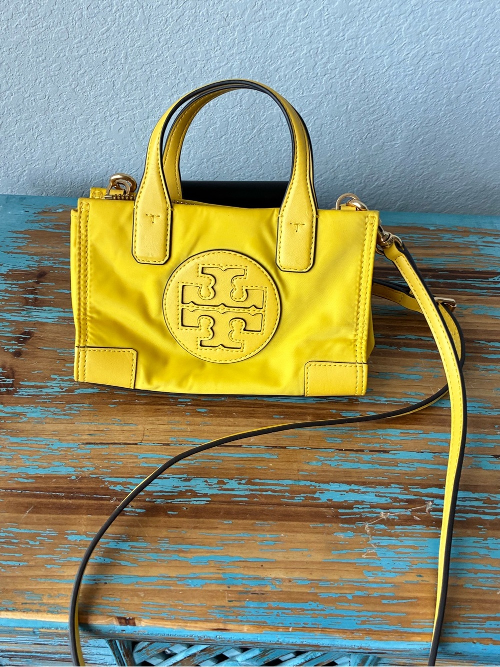 Tory Burch Bright Yellow Leather Mini Tote with Logo Detail